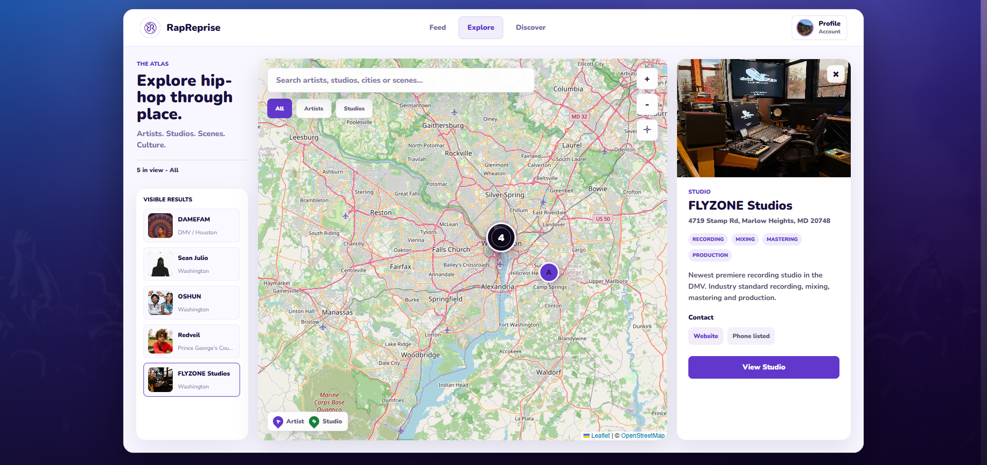 RapReprise Explore map showing a studio result and detail panel.